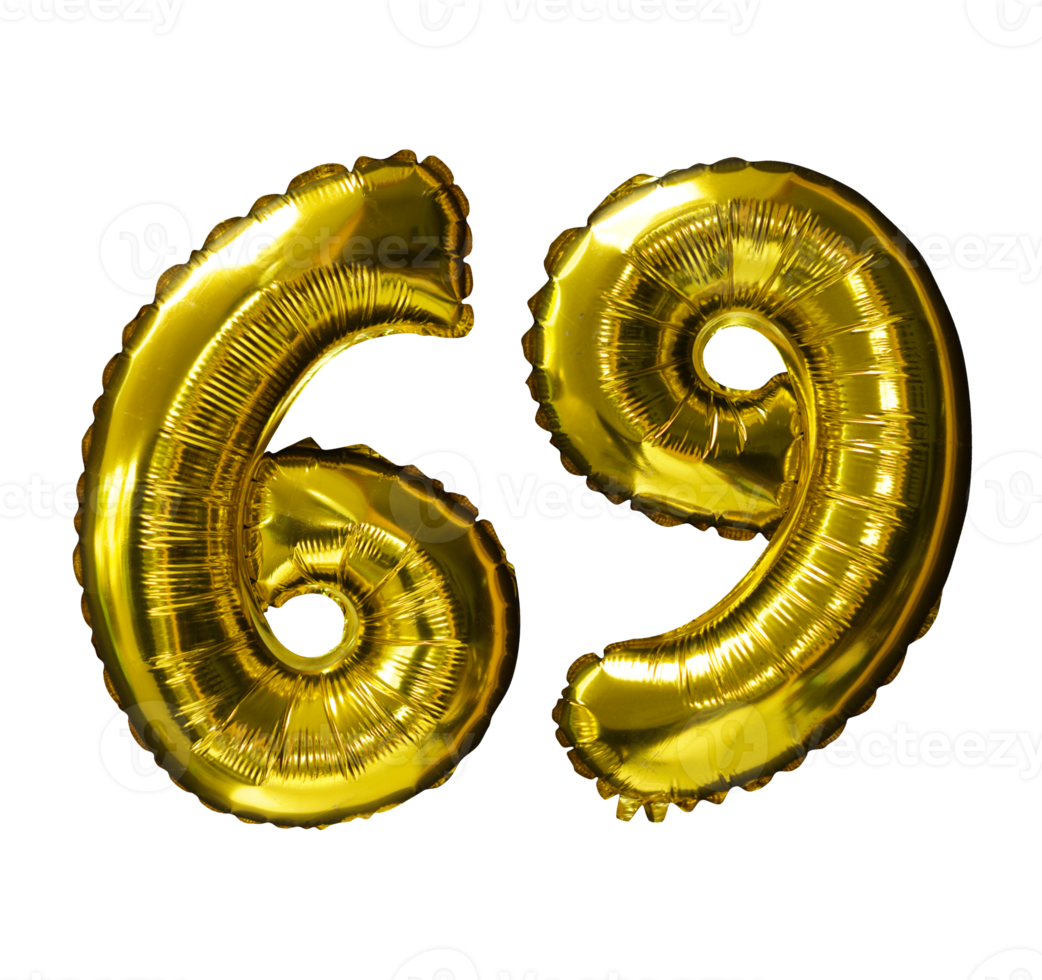 69 ballons d'hélium nombre d'or fond isolé. ballons réalistes en aluminium et en latex. éléments de conception pour la fête, l'événement, l'anniversaire, l'anniversaire et le mariage. png