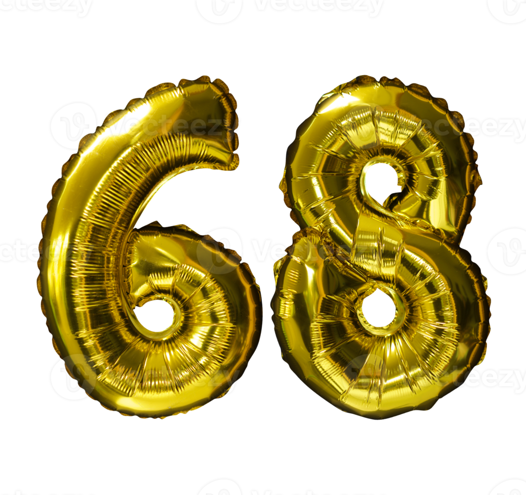 68 Golden number helium balloons isolated background. Realistic foil and latex balloons. design elements for party, event, birthday, anniversary and wedding. png