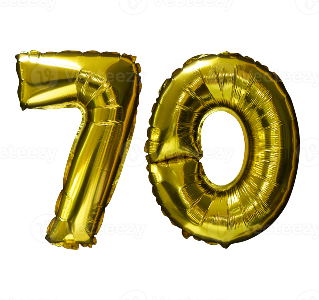 70 ballons d'hélium nombre d'or fond isolé. ballons réalistes en aluminium et en latex. éléments de conception pour la fête, l'événement, l'anniversaire, l'anniversaire et le mariage. png