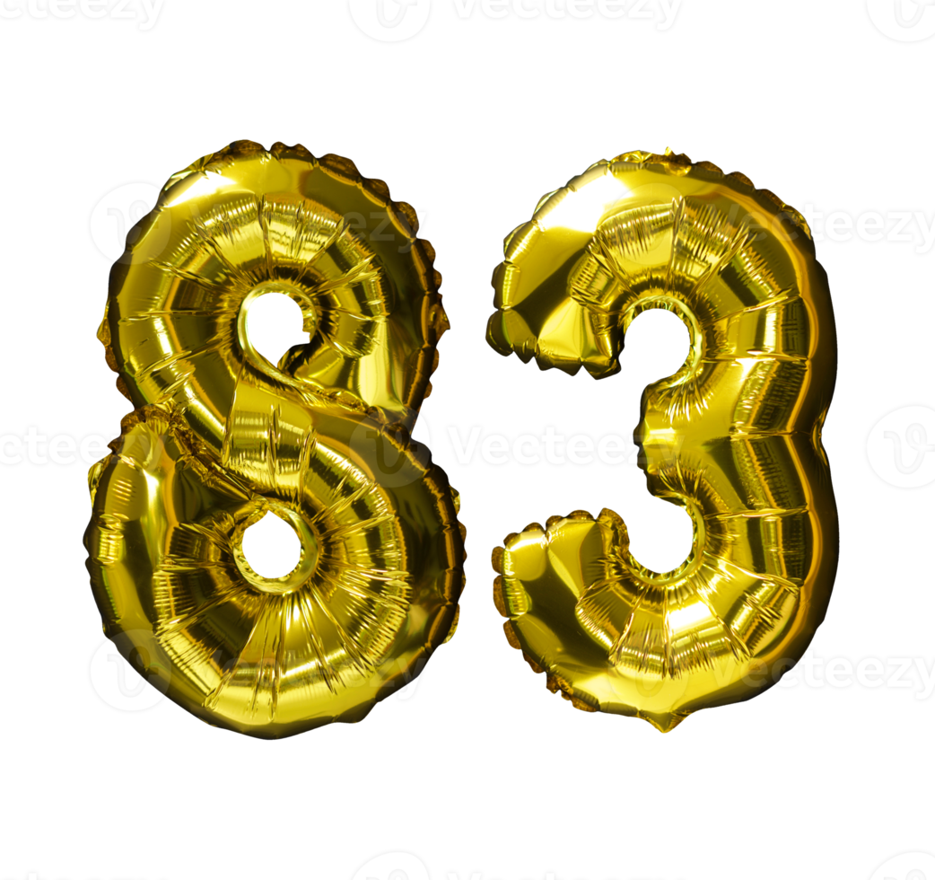 83 globos de helio número dorado fondo aislado. Globos de látex y papel de aluminio realistas. elementos de diseño para fiesta, evento, cumpleaños, aniversario y boda. png