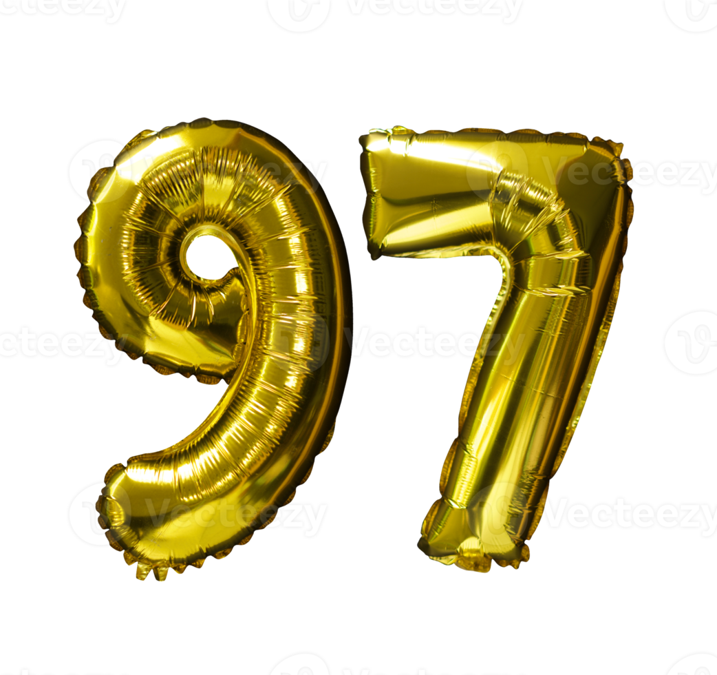 97 d'oro numero elio palloncini isolato sfondo. realistico Foglio e latice palloncini. design elementi per festa, evento, compleanno, anniversario e nozze. png