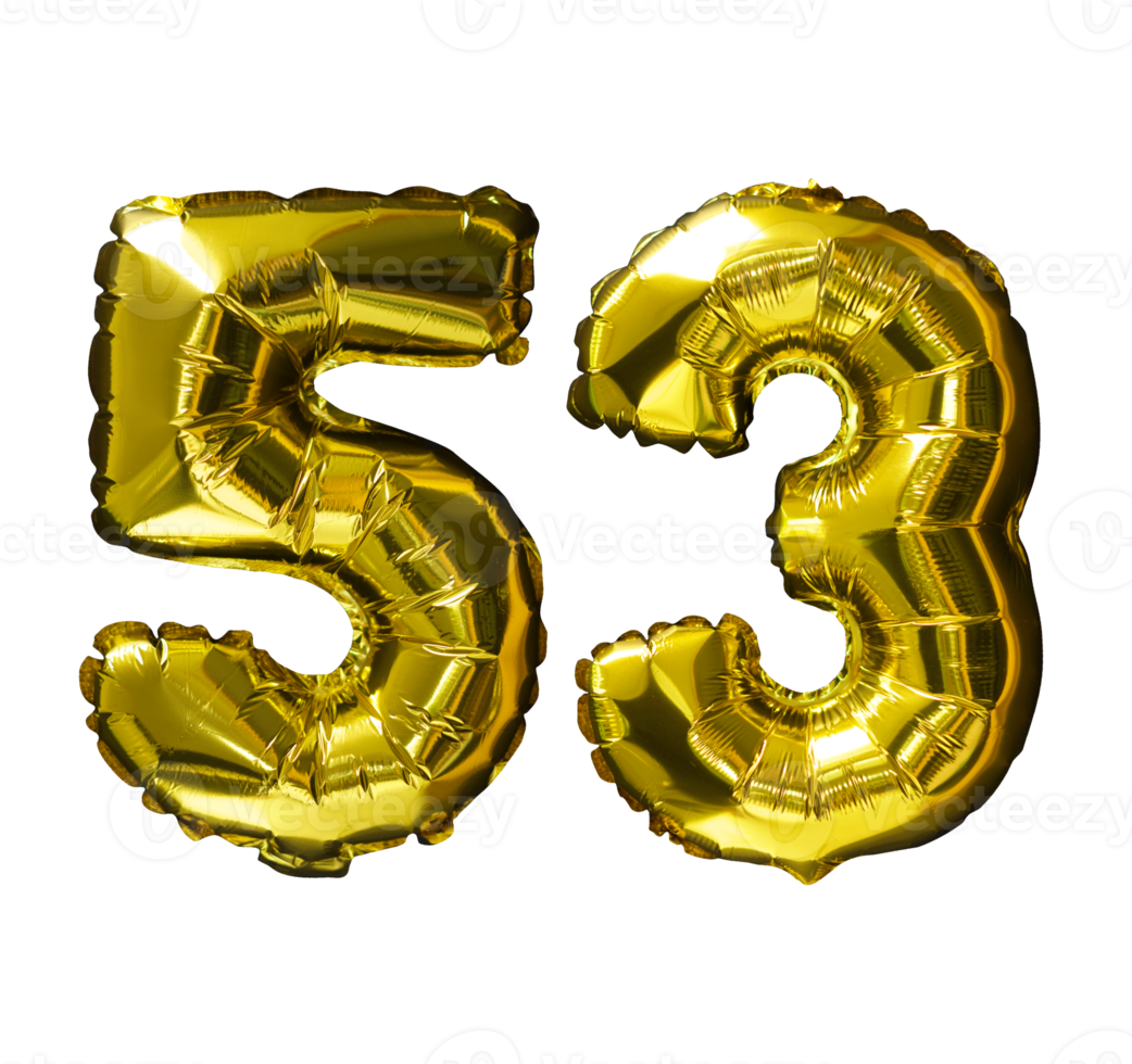 53 balões de hélio número dourado isolado de fundo. folha realista e balões de látex. elementos de design para festa, evento, aniversário, aniversário e casamento. png