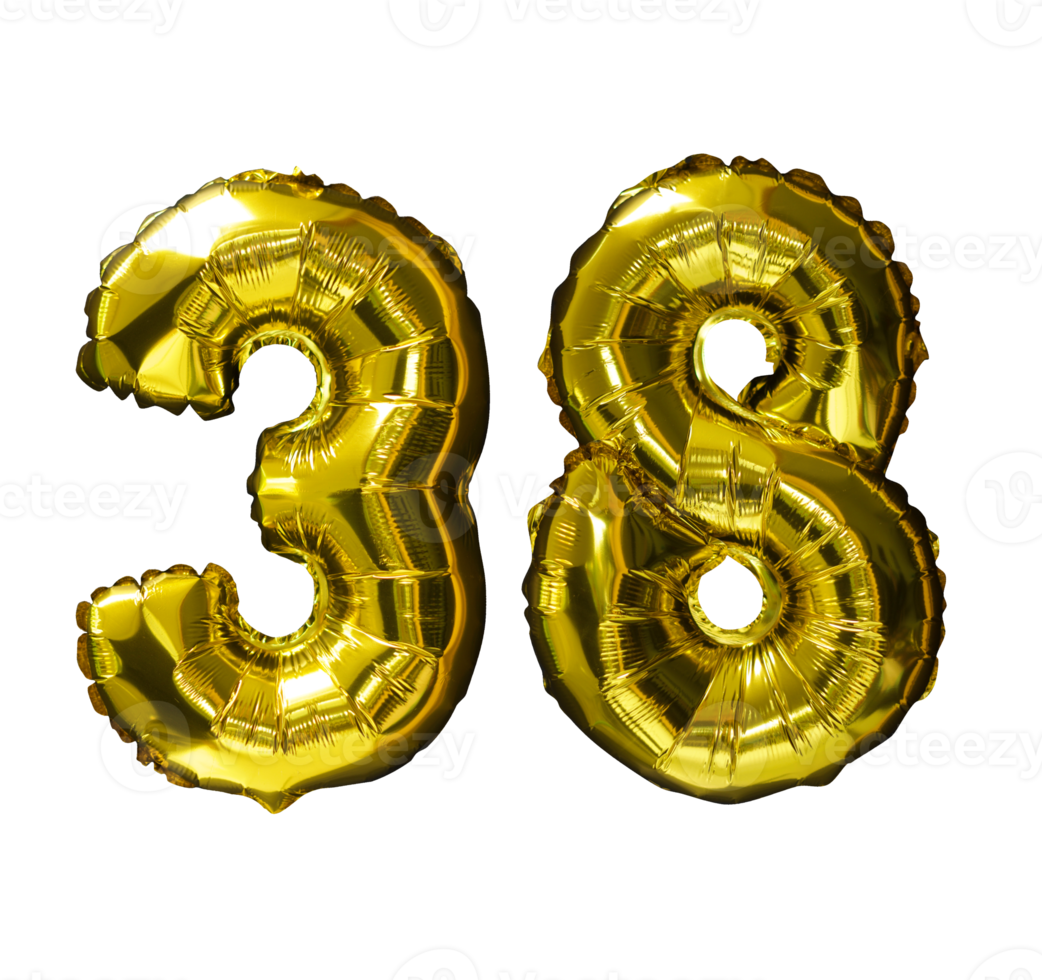 38 Golden number helium balloons isolated background. Realistic foil and latex balloons. design elements for party, event, birthday, anniversary and wedding. png