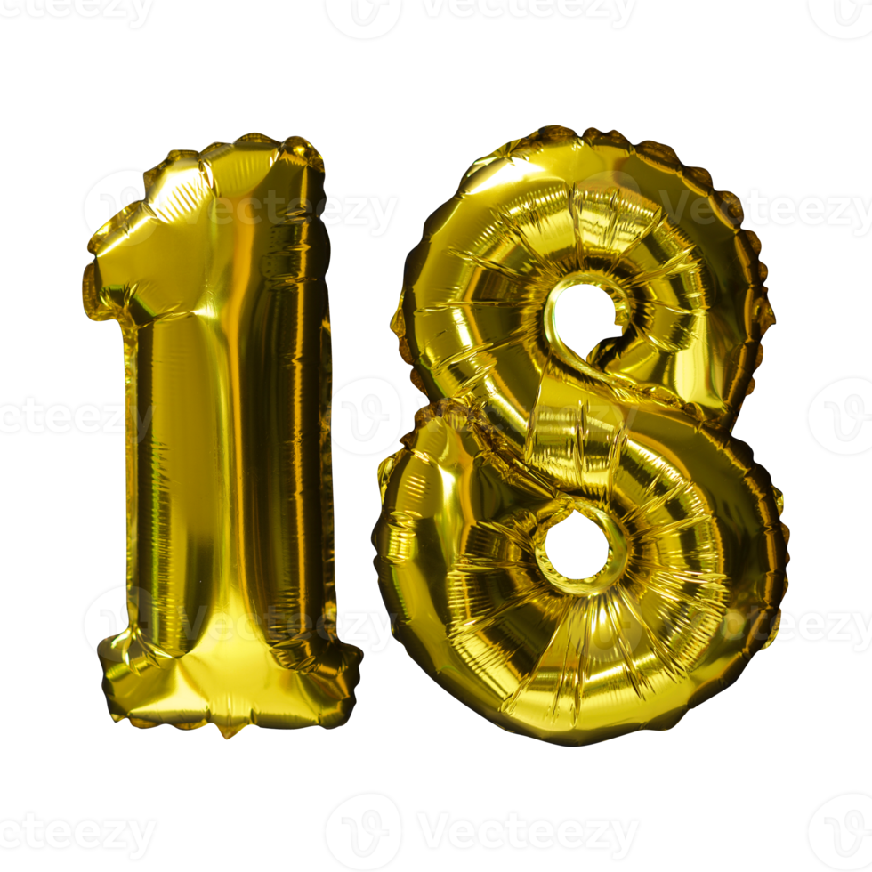 18 Golden number helium balloons isolated background. Realistic foil and latex balloons. design elements for party, event, birthday, anniversary and wedding. png