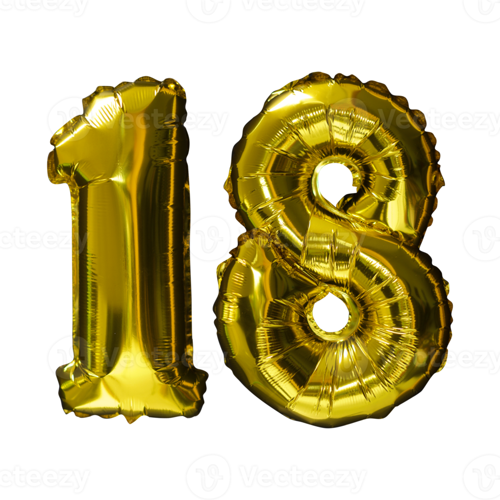 18 Golden number helium balloons isolated background. Realistic foil and latex balloons. design elements for party, event, birthday, anniversary and wedding. png