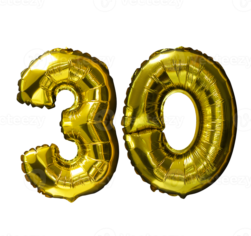 30 Golden number helium balloons isolated background. Realistic foil and latex balloons. design elements for party, event, birthday, anniversary and wedding. png