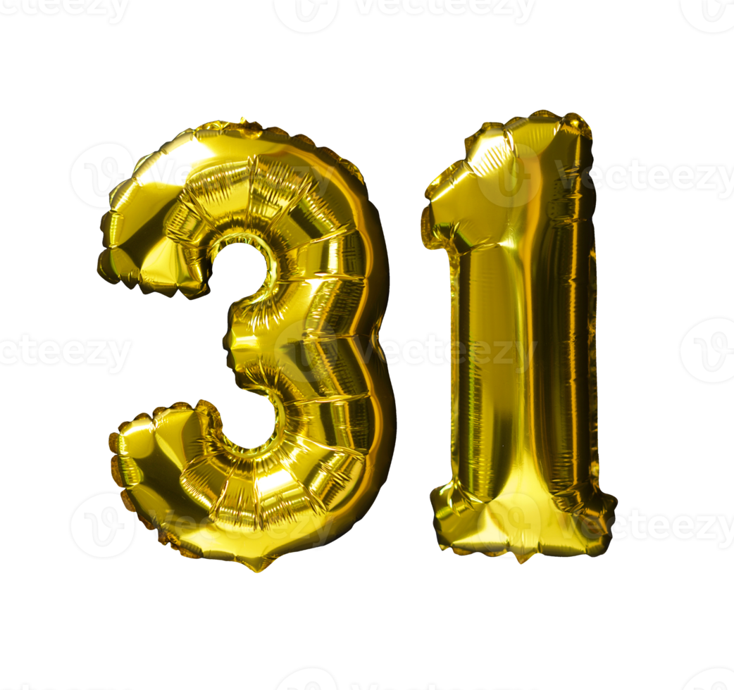 31 ballons d'hélium nombre d'or fond isolé. ballons réalistes en aluminium et en latex. éléments de conception pour la fête, l'événement, l'anniversaire, l'anniversaire et le mariage. png