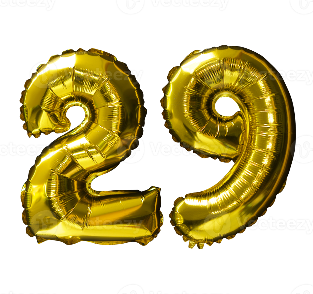 29 globos de helio número dorado fondo aislado. Globos de látex y papel de aluminio realistas. elementos de diseño para fiesta, evento, cumpleaños, aniversario y boda. png