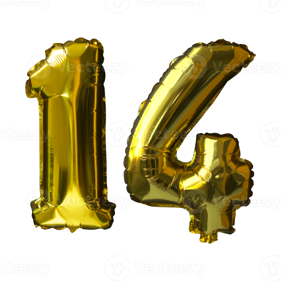 14 Golden number helium balloons isolated background. Realistic foil and latex balloons. design elements for party, event, birthday, anniversary and wedding. png