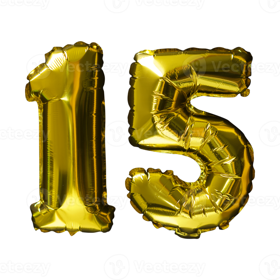 15 Golden number helium balloons isolated background. Realistic foil and latex balloons. design elements for party, event, birthday, anniversary and wedding. png