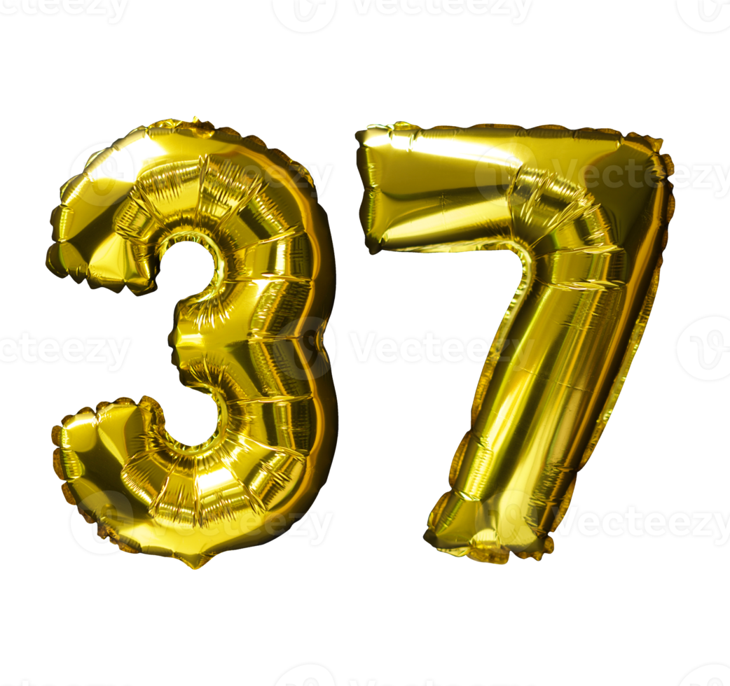 37 Golden number helium balloons isolated background. Realistic foil and latex balloons. design elements for party, event, birthday, anniversary and wedding. png