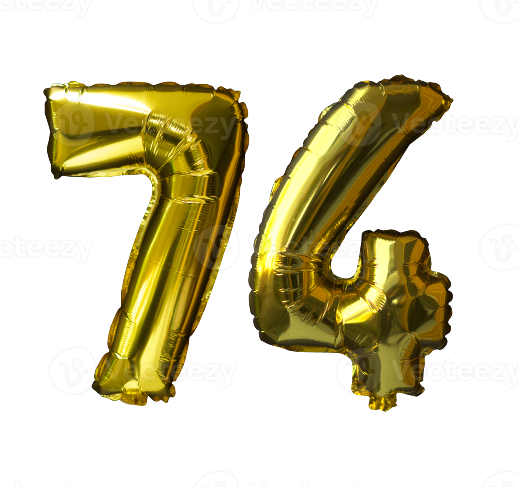 74 gyllene siffra helium ballonger isolerat bakgrund. realistisk folie och latex ballonger. design element för fest, händelse, födelsedag, årsdag och bröllop. png