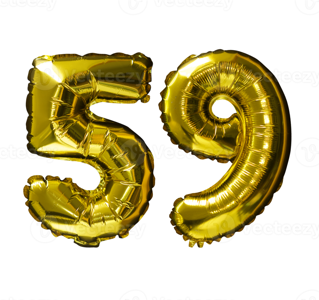 59 Golden number helium balloons isolated background. Realistic foil and latex balloons. design elements for party, event, birthday, anniversary and wedding. png