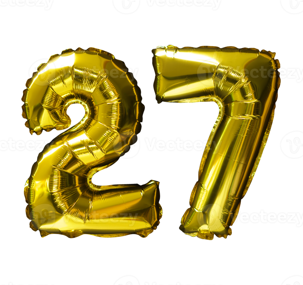 27 Golden number helium balloons isolated background. Realistic foil and latex balloons. design elements for party, event, birthday, anniversary and wedding. png