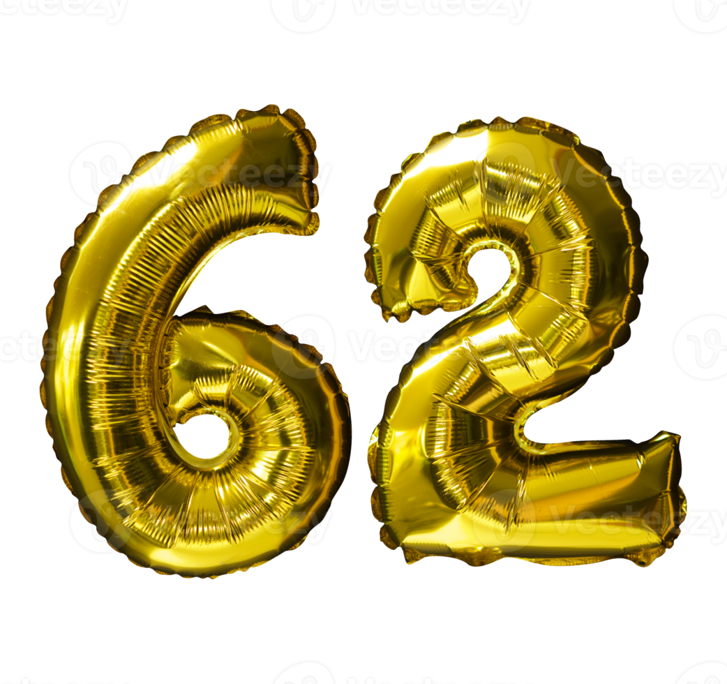 62 Golden number helium balloons isolated background. Realistic foil and latex balloons. design elements for party, event, birthday, anniversary and wedding. png