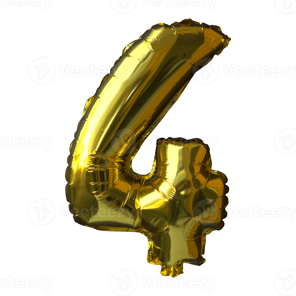 4 Golden number helium balloons isolated background. Realistic foil and latex balloons. design elements for party, event, birthday, anniversary and wedding. png