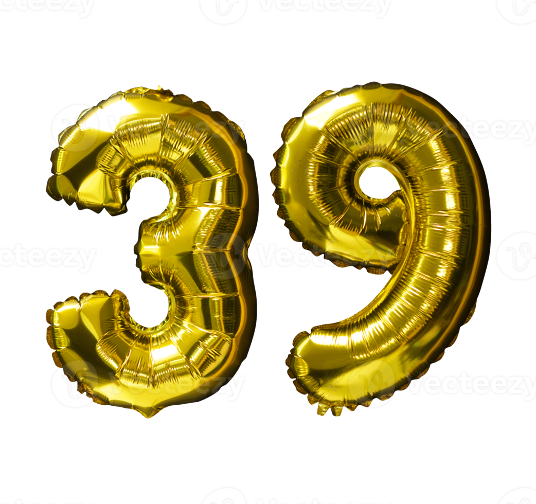 39 Golden number helium balloons isolated background. Realistic foil and latex balloons. design elements for party, event, birthday, anniversary and wedding. png