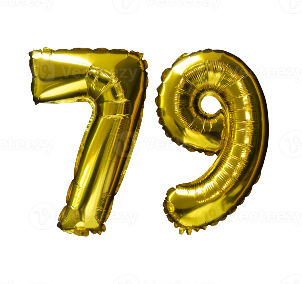 79 Golden number helium balloons isolated background. Realistic foil and latex balloons. design elements for party, event, birthday, anniversary and wedding. png