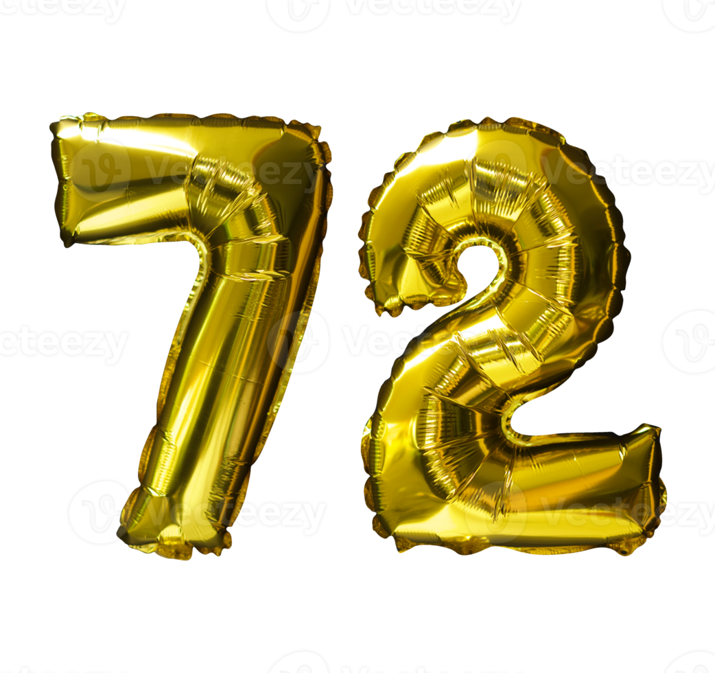 72 Golden number helium balloons isolated background. Realistic foil and latex balloons. design elements for party, event, birthday, anniversary and wedding. png