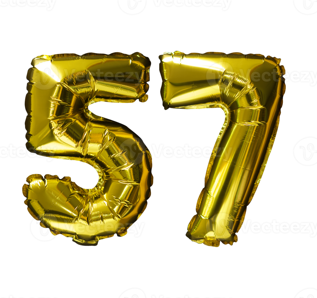 57 Golden number helium balloons isolated background. Realistic foil and latex balloons. design elements for party, event, birthday, anniversary and wedding. png