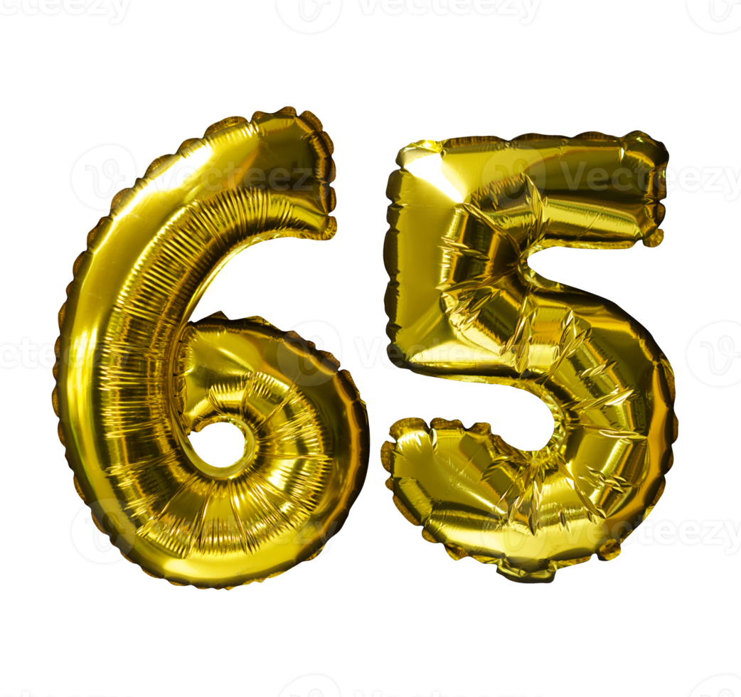 65 Golden number helium balloons isolated background. Realistic foil and latex balloons. design elements for party, event, birthday, anniversary and wedding. png