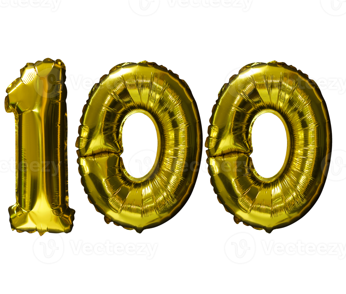 100 Heliumballons mit goldener Zahl, isolierter Hintergrund. realistische Folien- und Latexballons. Designelemente für Party, Event, Geburtstag, Jubiläum und Hochzeit. png