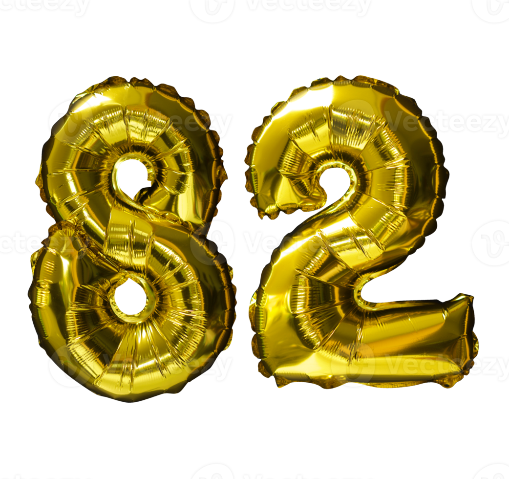 82 Golden number helium balloons isolated background. Realistic foil and latex balloons. design elements for party, event, birthday, anniversary and wedding. png