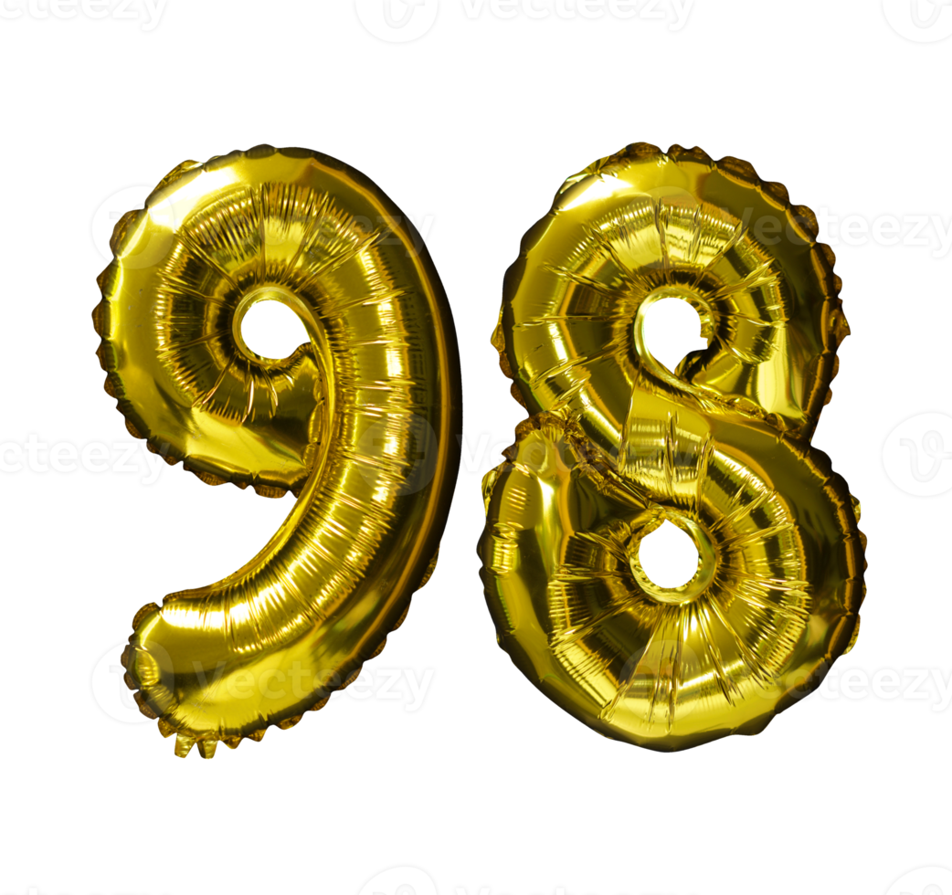 98 globos de helio número dorado fondo aislado. Globos de látex y papel de aluminio realistas. elementos de diseño para fiesta, evento, cumpleaños, aniversario y boda. png