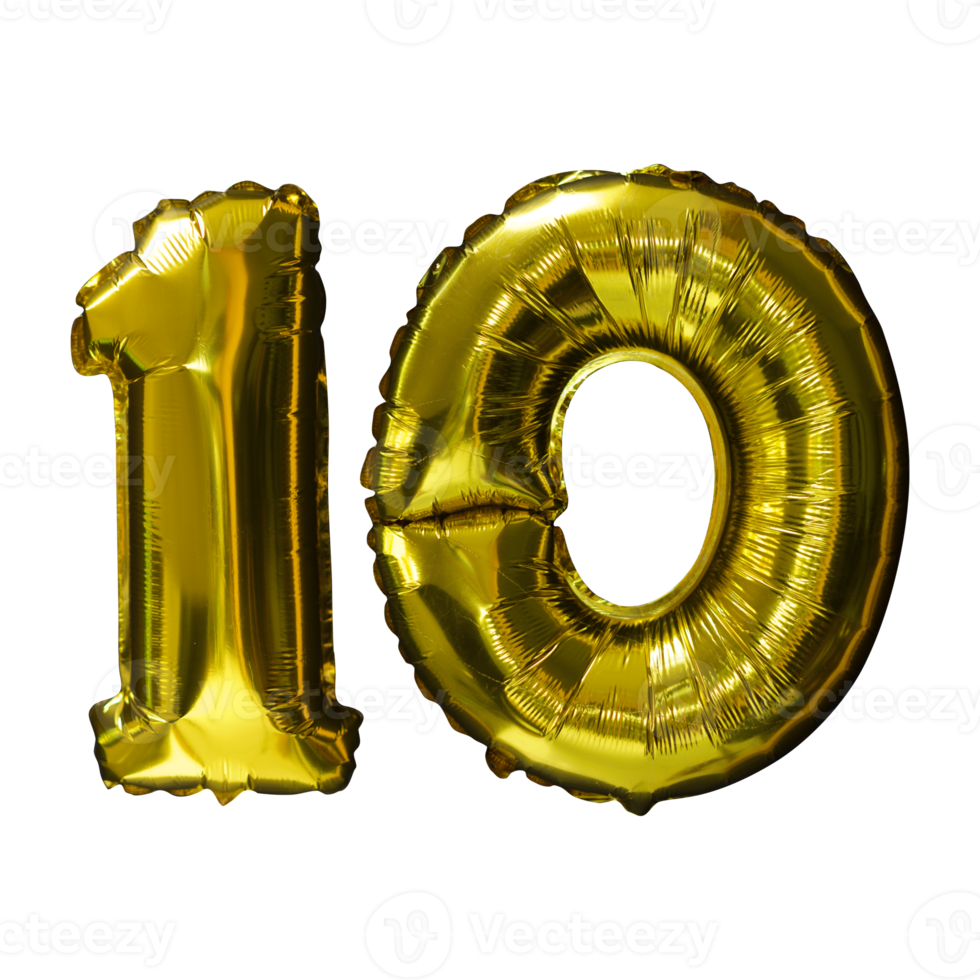 10 Golden number helium balloons isolated background. Realistic foil and latex balloons. design elements for party, event, birthday, anniversary and wedding. png