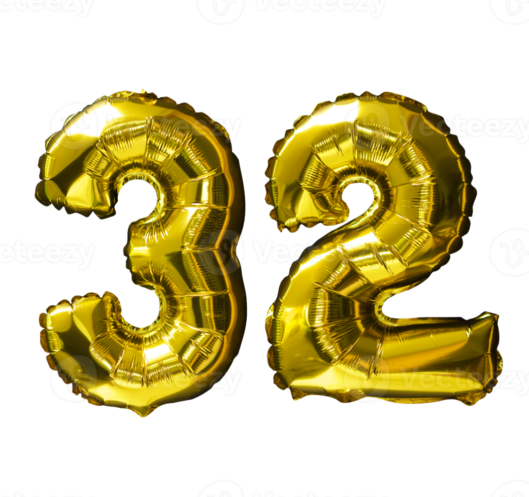 32 Golden number helium balloons isolated background. Realistic foil and latex balloons. design elements for party, event, birthday, anniversary and wedding. png