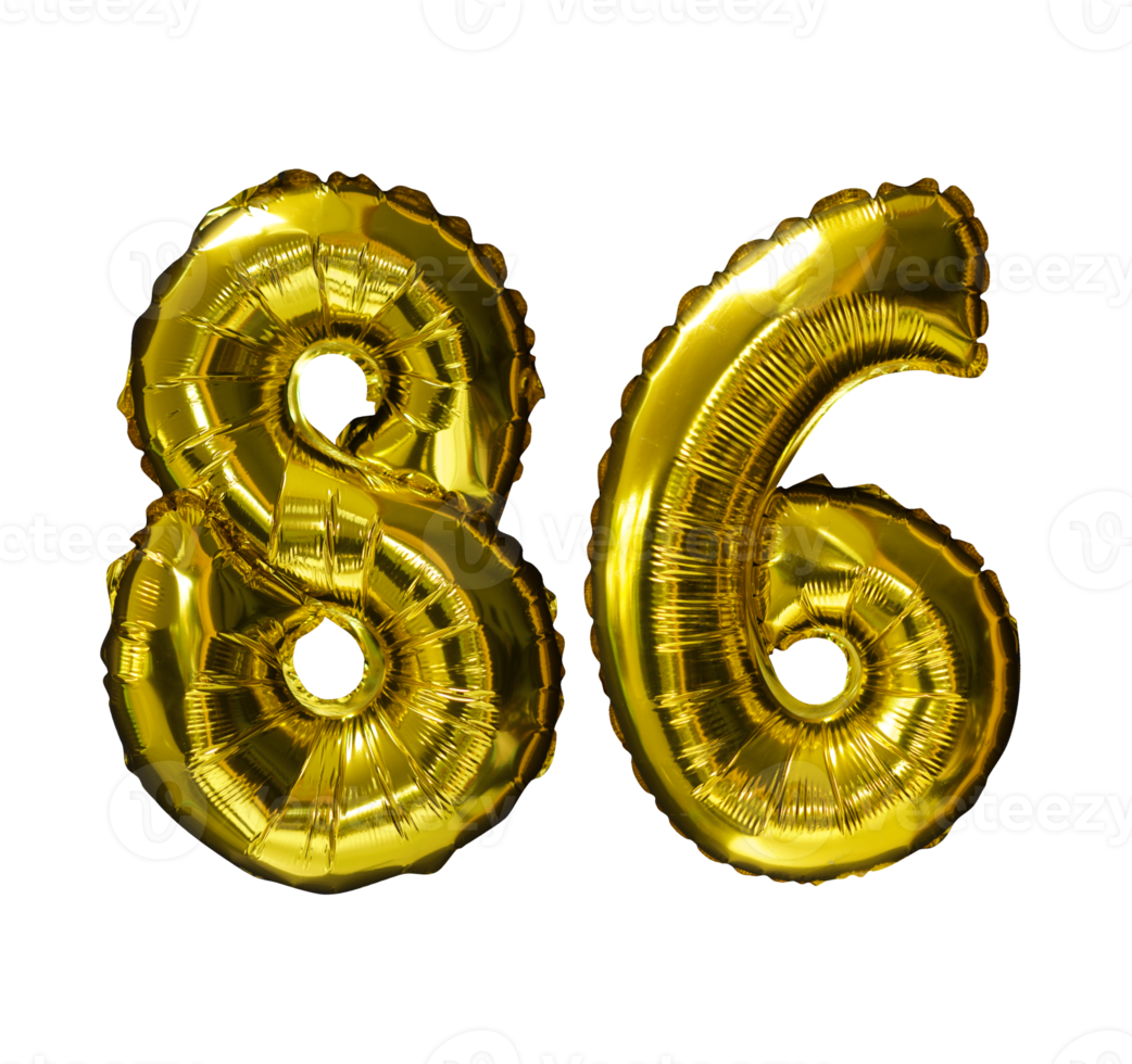 86 Golden number helium balloons isolated background. Realistic foil and latex balloons. design elements for party, event, birthday, anniversary and wedding. png