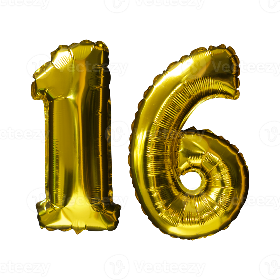 16 Golden number helium balloons isolated background. Realistic foil and latex balloons. design elements for party, event, birthday, anniversary and wedding. png