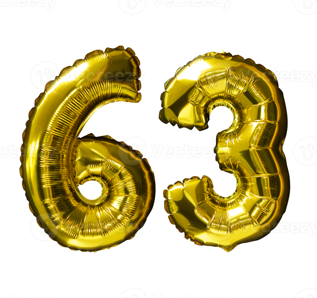 63 Golden number helium balloons isolated background. Realistic foil and latex balloons. design elements for party, event, birthday, anniversary and wedding. png