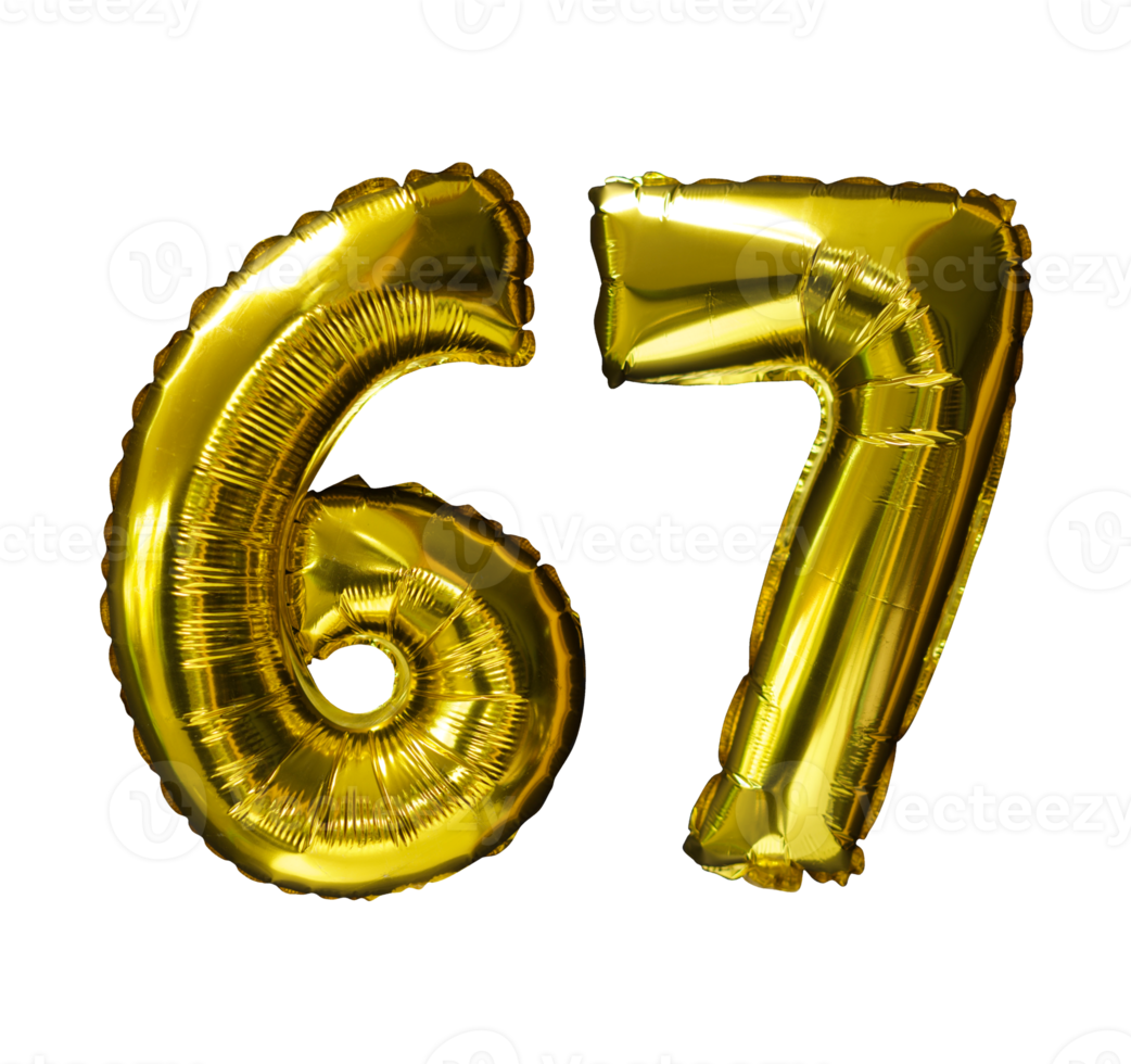 67 Golden number helium balloons isolated background. Realistic foil and latex balloons. design elements for party, event, birthday, anniversary and wedding. png