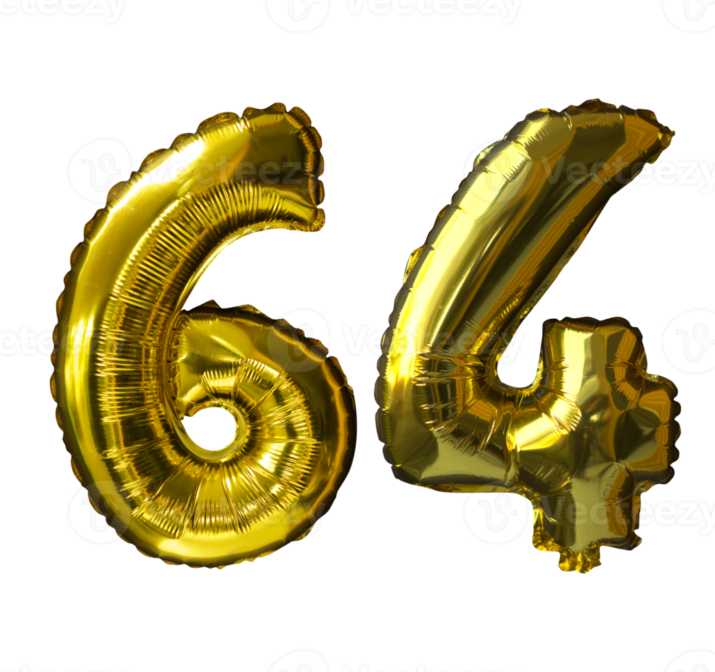 64 ballons d'hélium nombre d'or fond isolé. ballons réalistes en aluminium et en latex. éléments de conception pour la fête, l'événement, l'anniversaire, l'anniversaire et le mariage. png