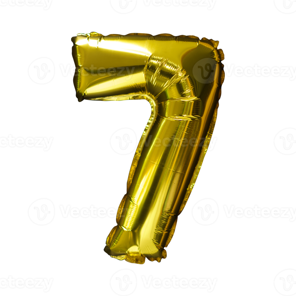 7 Golden number helium balloons isolated background. Realistic foil and latex balloons. design elements for party, event, birthday, anniversary and wedding. png