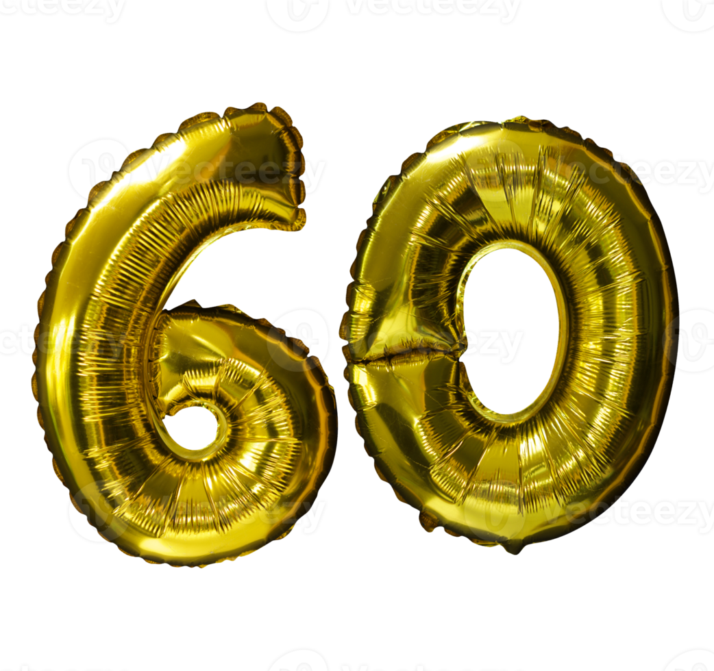 60 Golden number helium balloons isolated background. Realistic foil and latex balloons. design elements for party, event, birthday, anniversary and wedding. png