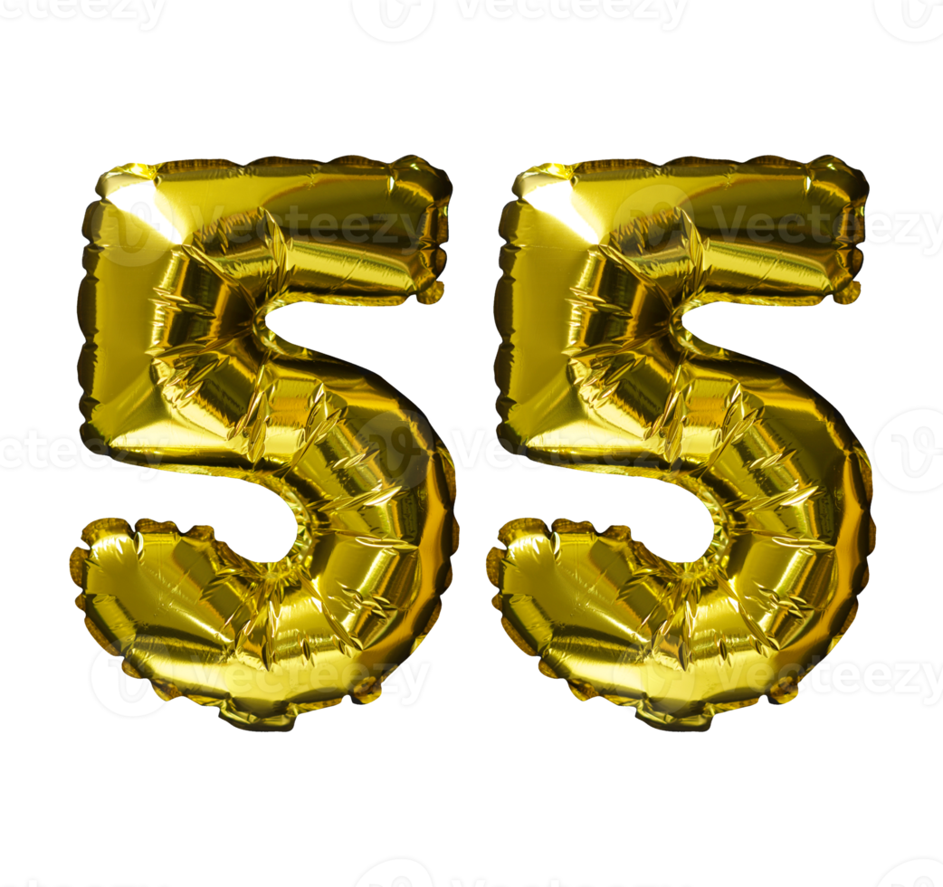 55 Golden number helium balloons isolated background. Realistic foil and latex balloons. design elements for party, event, birthday, anniversary and wedding. png