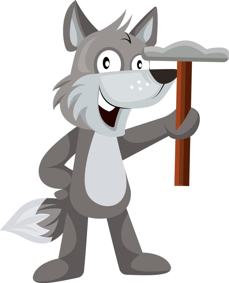 Wolf with hammer, illustration, vector on white background.