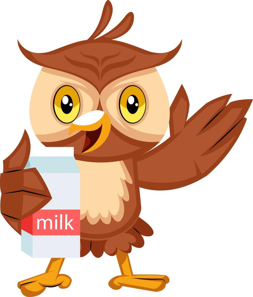 Owl holding milk, illustration, vector on white background.