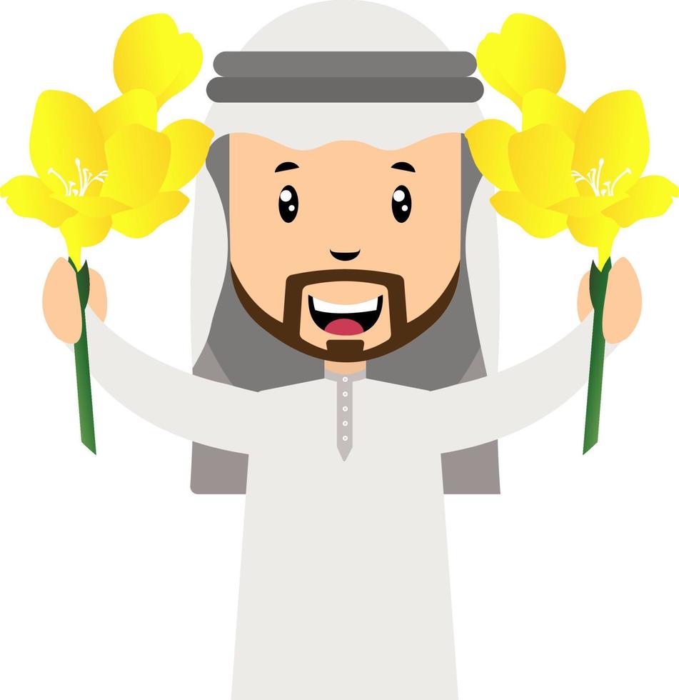 Arab men with yellow flowers, illustration, vector on white background.