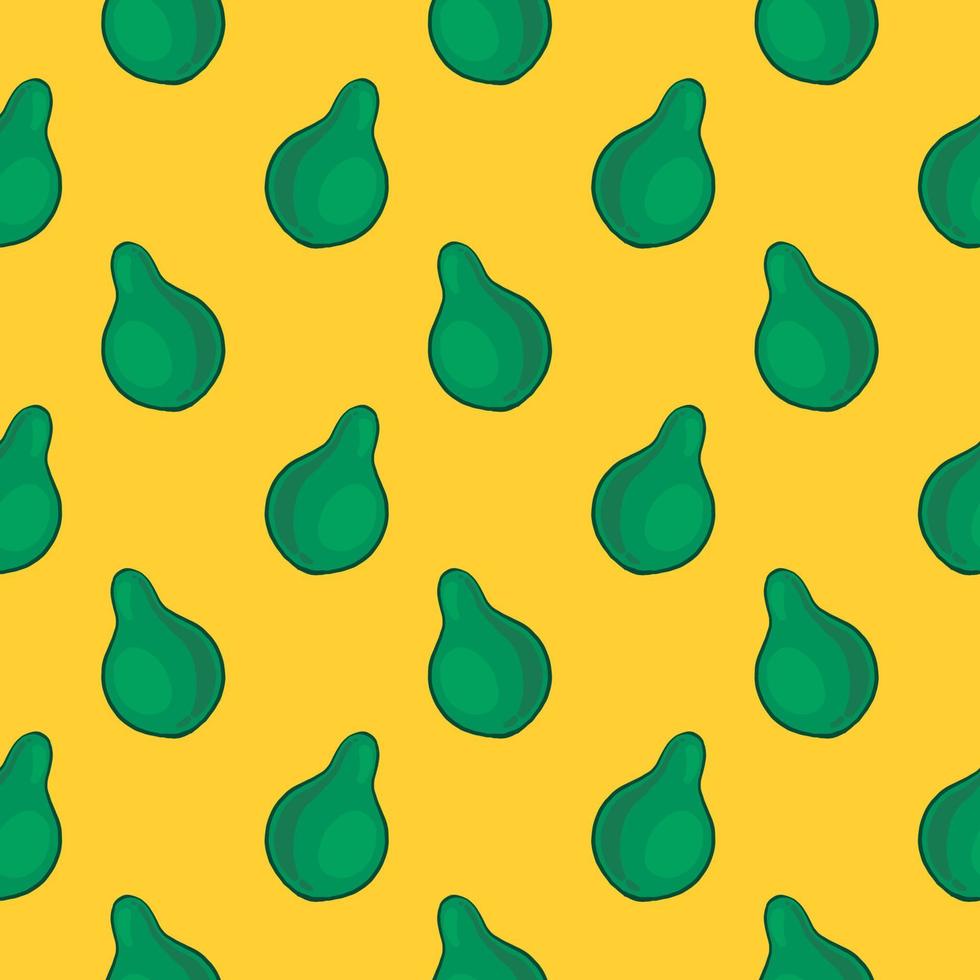 precioso aguacate verde entero, patrón sin costuras sobre fondo amarillo. vector