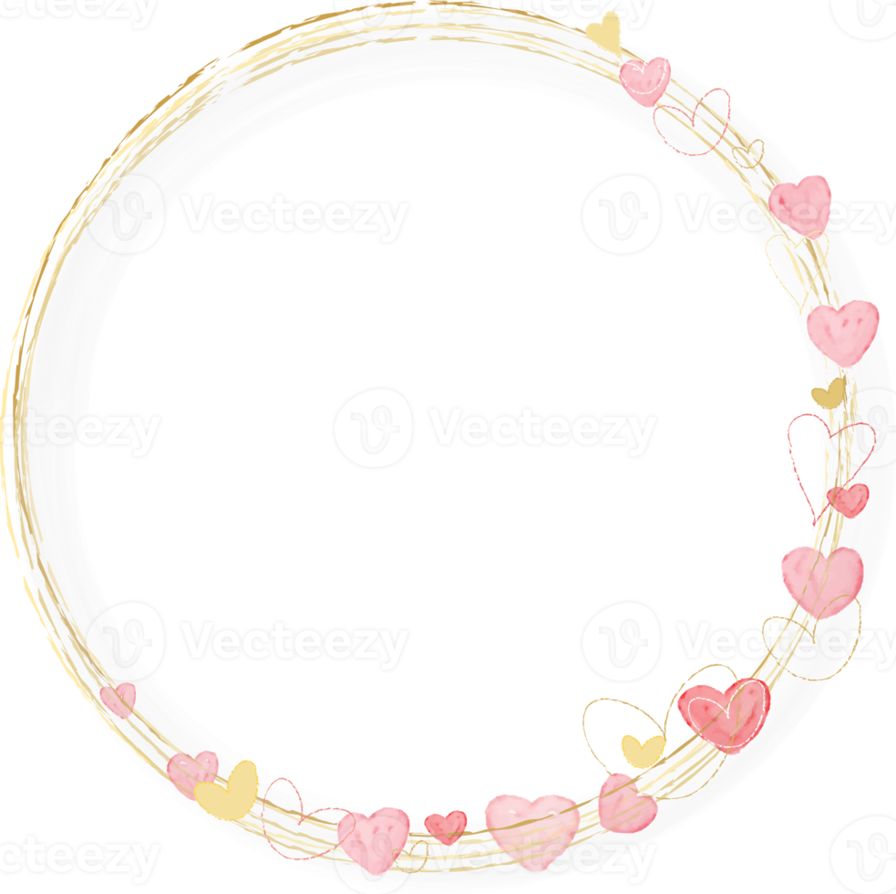 pink and golden watercolor hearts wreath frame png
