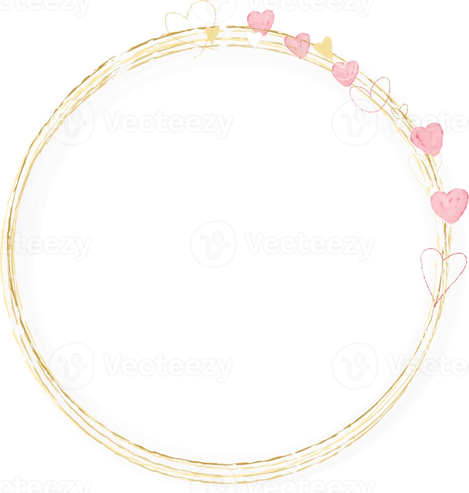 pink and golden watercolor hearts wreath frame png