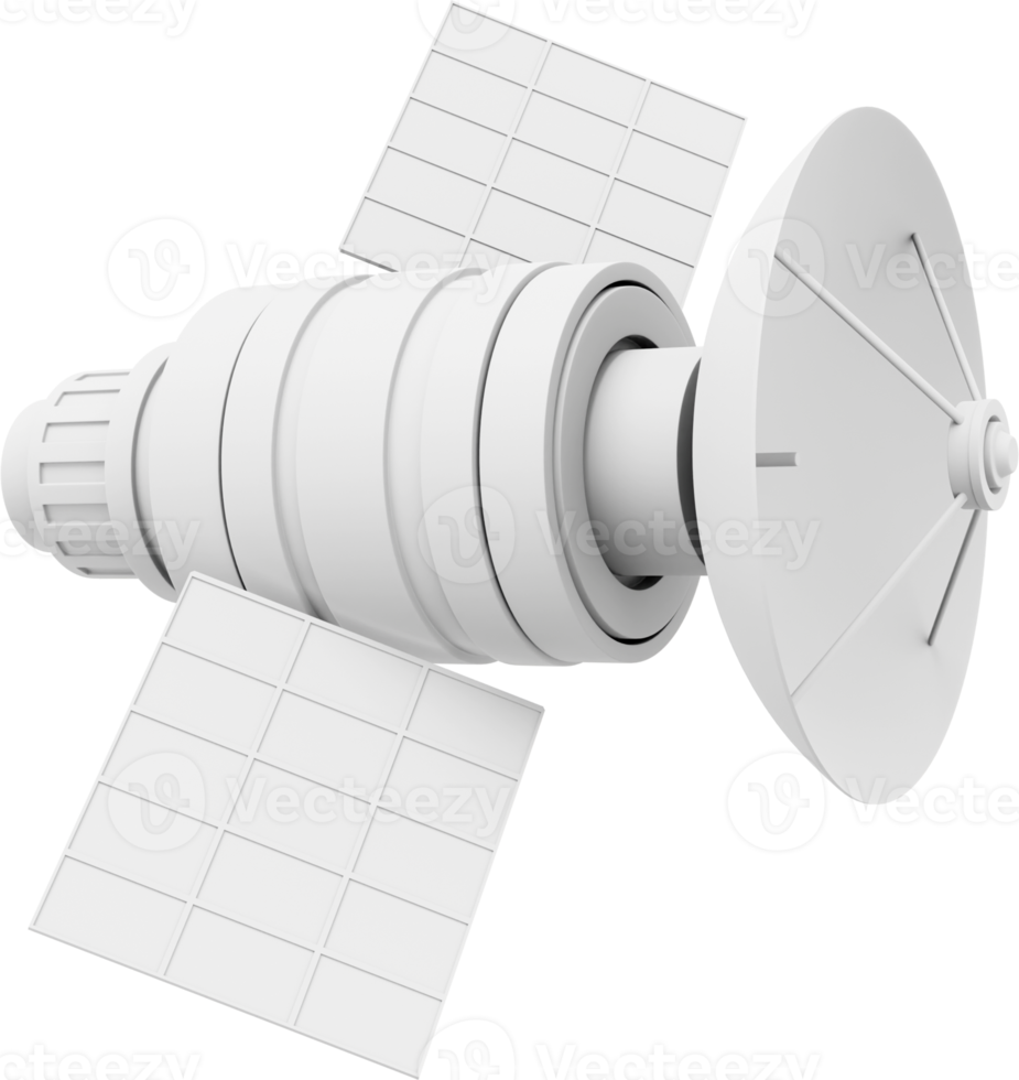 Space satellite with an antenna. Orbital communication station intelligence, research. 3D rendering. White PNG icon on transparent background.