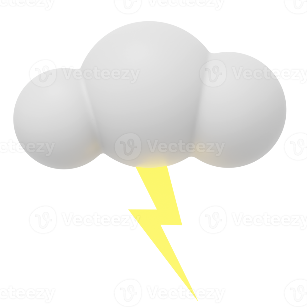 White cartoon cloud with lightning. 3D rendering. PNG icon on transparent background.