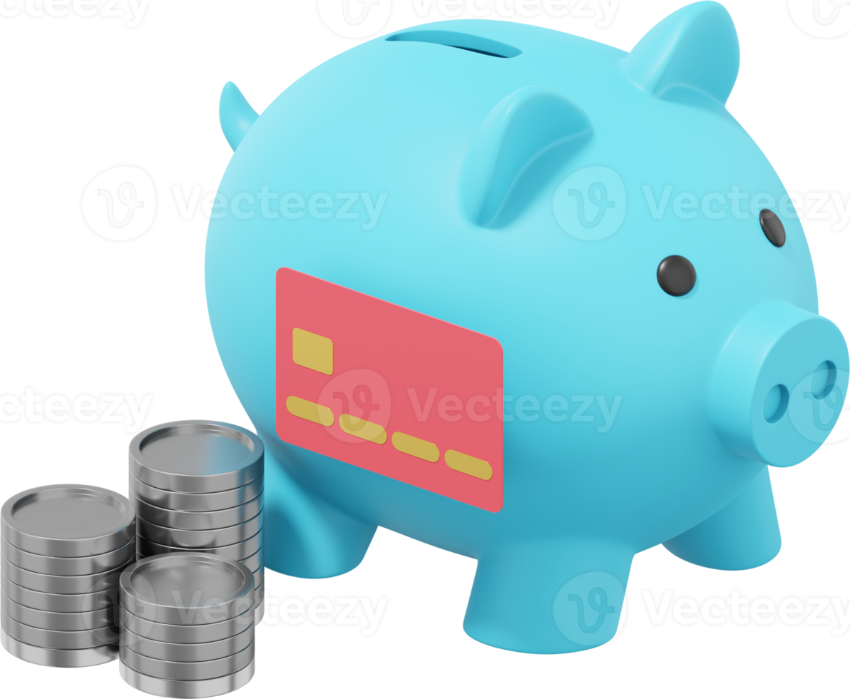 Blue piggy bank, stacks of coins and credit card. PNG icon on transparent background. 3D rendering.