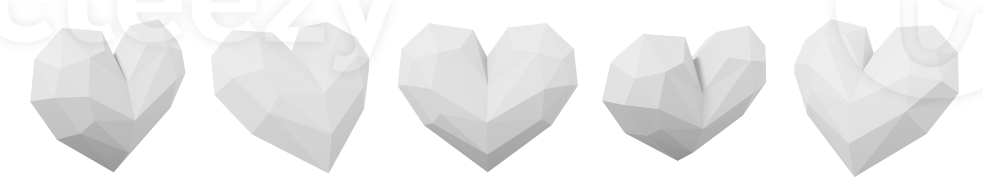 Set of white low poly hearts. Views from different sides. 3D rendering. Symbol of love, likes, romance. PNG icon on transparent background.