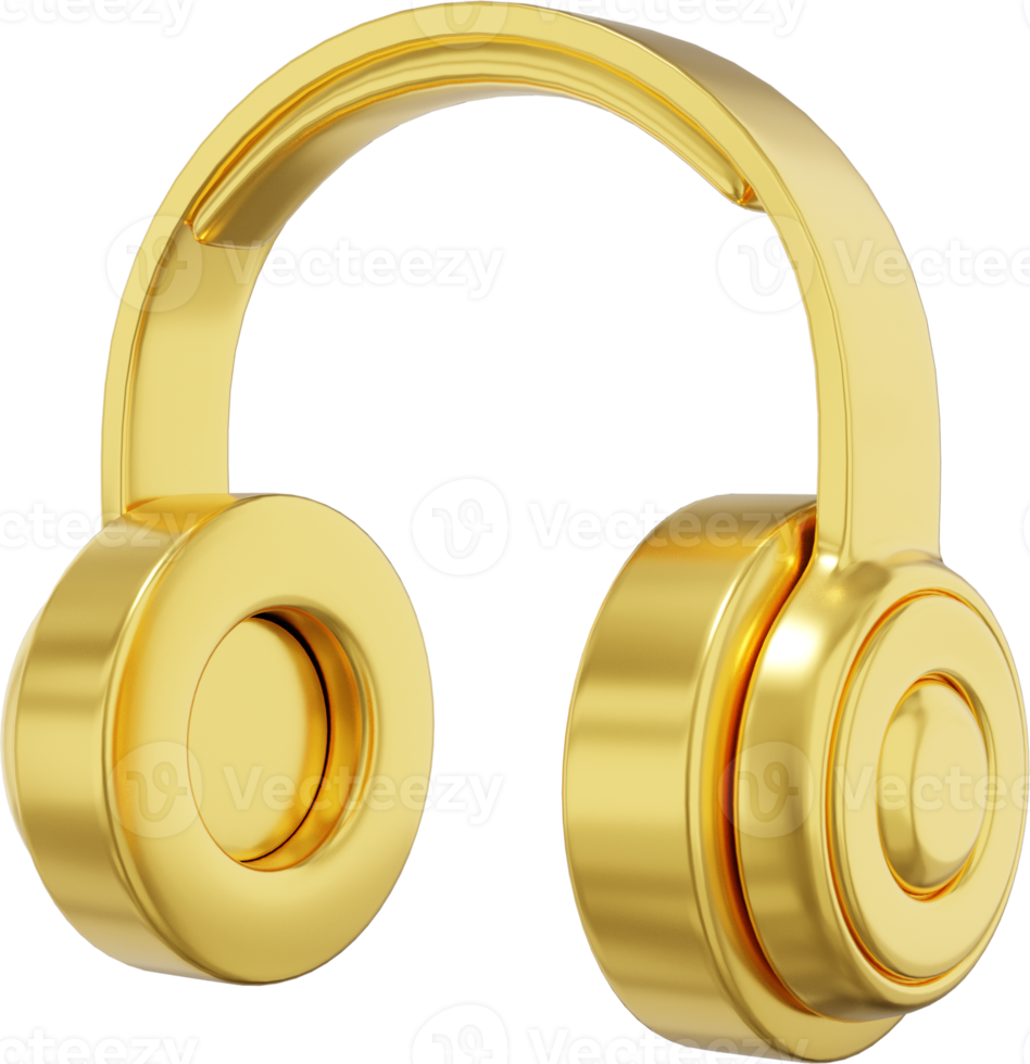 Wireless headphones side view. Gold PNG icon on a transparent background. 3D rendering.