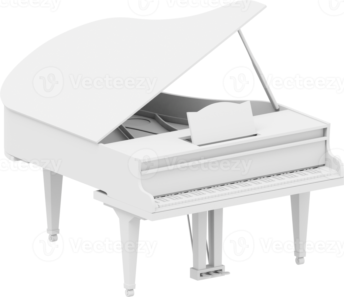 White grand piano, musical instrument. 3d rendering. PNG icon on transparent background.